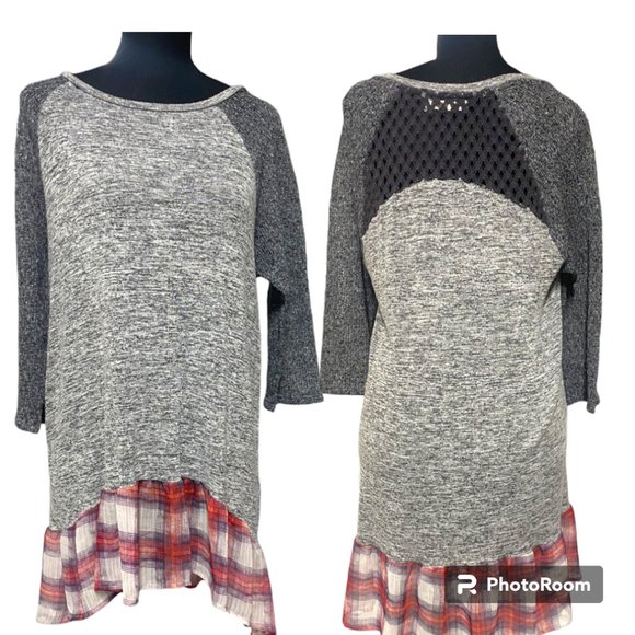 Scrapbook Women's Mixed Media knit with plaid trim Hi-Low 3/4 sleeve Tunic sz L - Picture 1 of 11